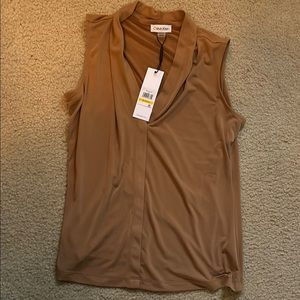 Calvin Klein Tan Sleeveless Blouse with Mandarin Collar